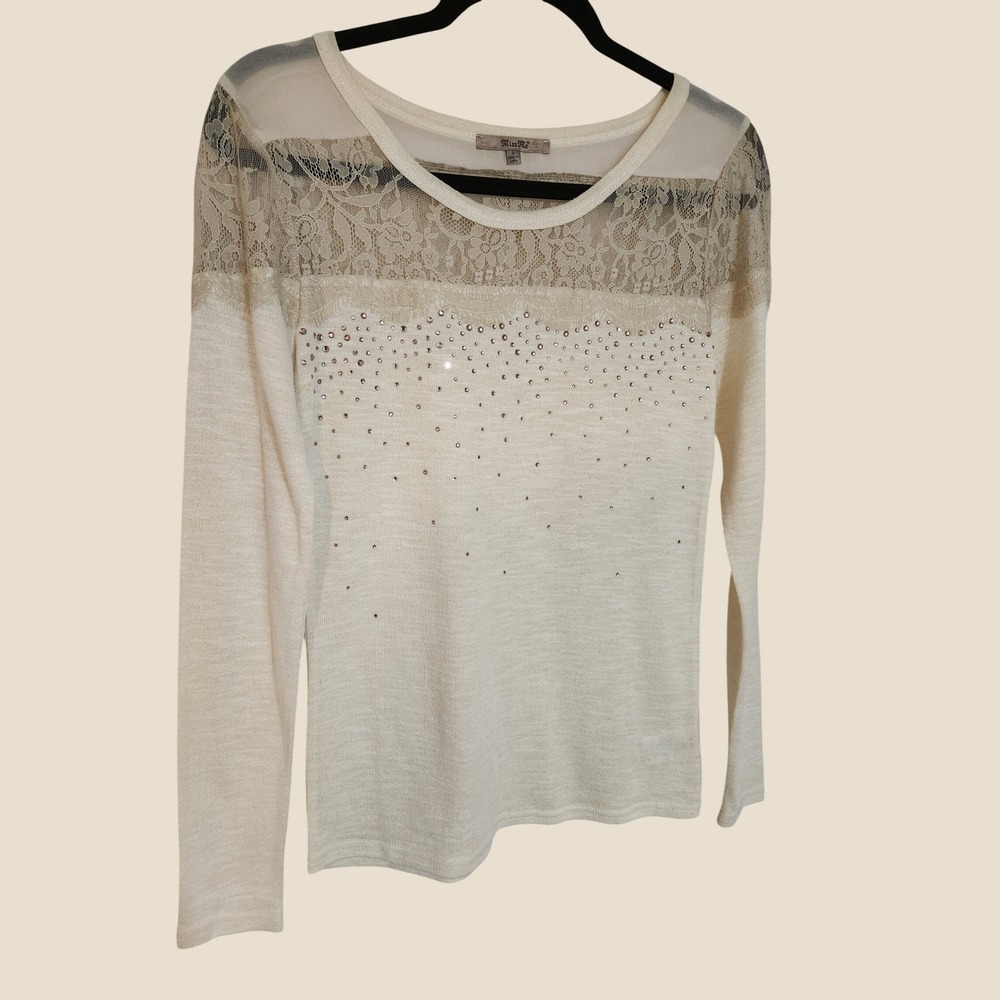 Miss Me Ivory Sheer Lace Rhinestone Top S Y2K Western Chic Boho Balletcore